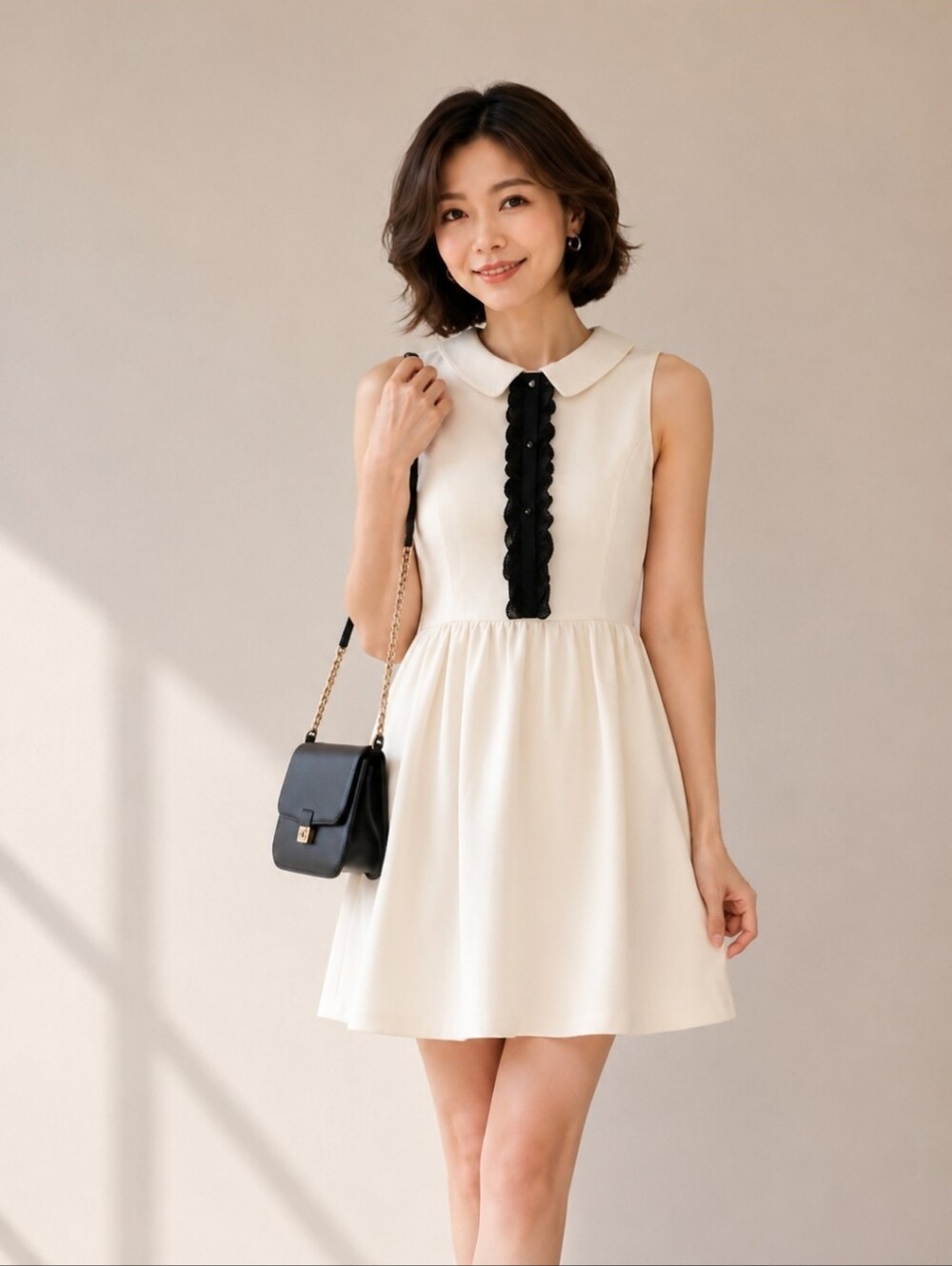 Kensie | Cream Fit & Flare Dress Black Frill Peter Pan Collar Sleeveless Mini